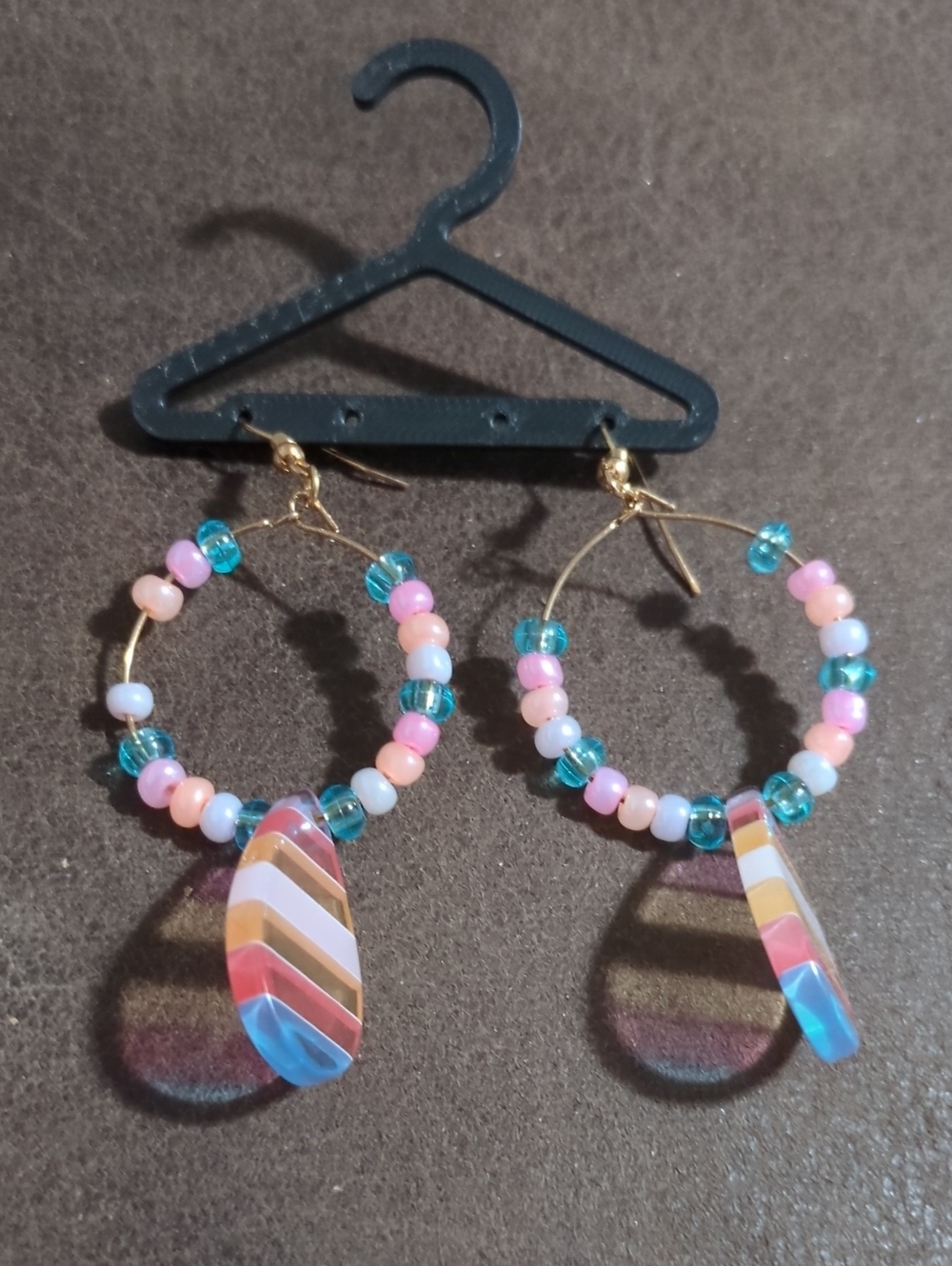 Multicolor Beaded Hoop Earrings with Striped Pendant